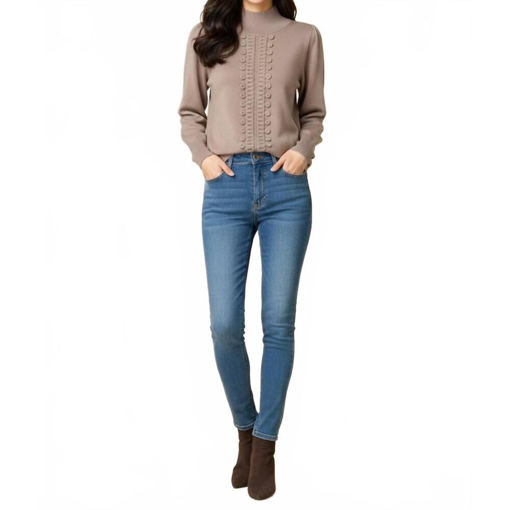 NEW KATHIE K mock neck knit sweater in khaki /grey